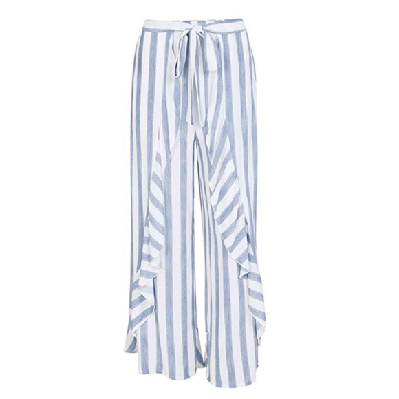 High Waisted Chiffon Striped Palazzo Pants Ruffles - Picture 5 of 13